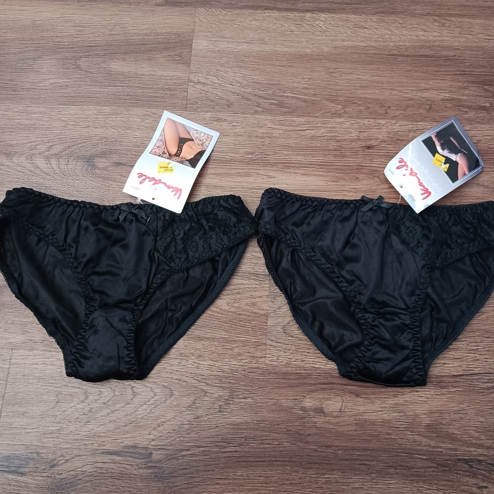 2 New Vintage Van Dale Bikini Nylon Lace Black Panties Size 6 Underwear